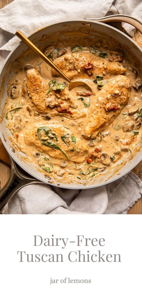 Tuscan Chicken Skillet, Chicken Recipes Dairy Free, Gluten Free Dairy Free Recipes Dinner, Tuscan Chicken Recipe, Dairy Free Cooking, Dairy Free Recipes Dinner, Dairy Free Dinner, Tuscan Chicken, Cooked Chicken