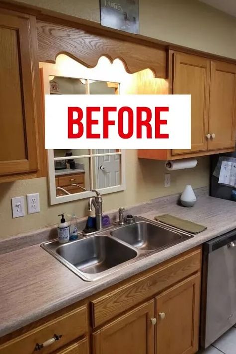 Check out this best kitchen cabinet makeover you can do for under $100. Beautiful wood kitchen cabinet upgrade for cheap. Diy Farmhouse Kitchen Makeover, Kitchen Renovation Painted Cabinets, Budget Cabinet Makeover, Upgrading Kitchen On A Budget, Wall Color With Wood Cabinets, How To Refurbish Old Kitchen Cabinets, Trailer Kitchen Cabinets Makeover, Cabinet Colors With Wood Countertops, Repainting Wood Cabinets