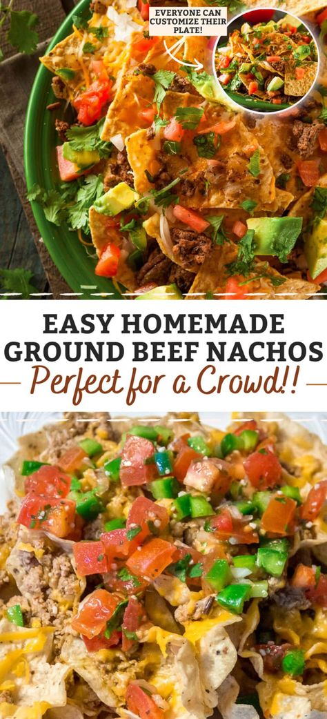 Ground Beef Nachos Recipe, Easy Nachos Recipe Beef, Nacho Dips, Nachos In Oven, Nacho Bar Ideas, Beef Nachos Recipe, Super Bowl Party Games, Ground Beef Nachos, Loaded Nachos Recipe