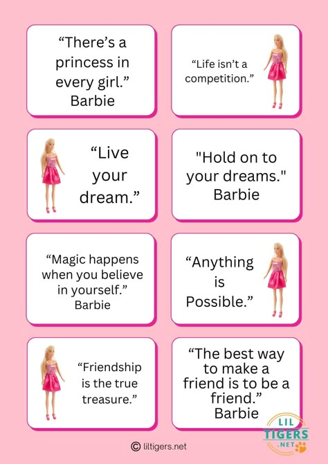 Free Printable Barbie Lunch Notes Barbie Sign Printable, Barbie Movie Printable, Barbie Homecoming Poster, Barbie Names Ideas, Barbie Day Activities, Barbie Doll Captions For Instagram, Barbie Motivational Quotes, Barbie Theme Activities, Diy Barbie Party Decorations Free Printable