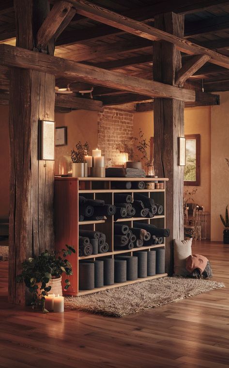 A rustic yoga studio with cozy, organized yoga mat storage. Mat Storage Ideas, Yoga Storage Ideas, Cozy Yoga, Yoga Storage, Gear Room, Yoga Mat Storage, Earthy Living Room, Gear Storage, Wellness Studio