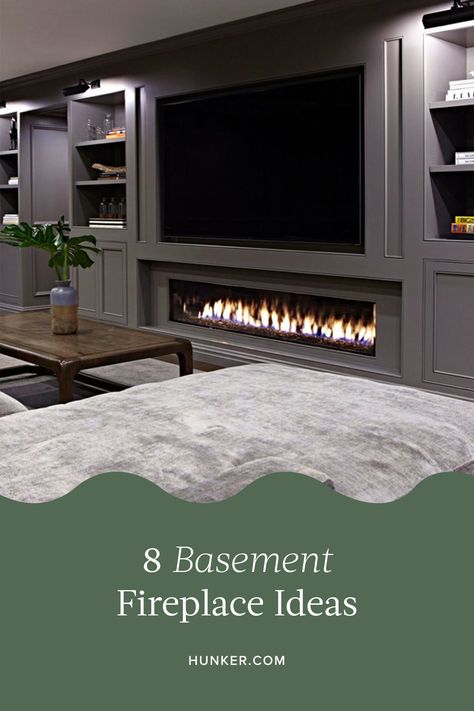 Basement Fireplace Wall Ideas, Electric Fireplace In Basement Ideas, Modern Electric Fireplace Basement, Small Basement Fireplace Ideas, Basement Fireplaces Ideas, Diy Basement Fireplace, Rec Room Fireplace Ideas, Basement With Electric Fireplace, Media Room Fireplace