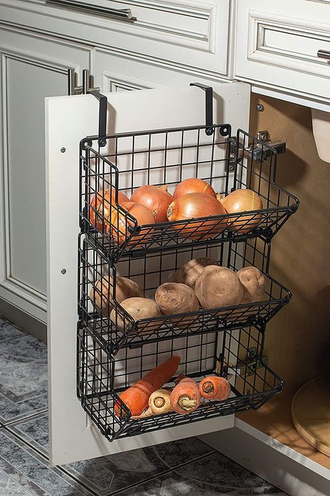 🍓 Under Sink Space Saver Triple Basket Compact design hanging fruit basket free space on countertop or walls; slanted panels for easy access fit inside cabinet ORIGINAL Z BASKET COLLECTION for hanging baskets 🍏 MULTIPURPOSE: Use as a produce holder in the kitchen, to store potatoes & onion in a dark cool place, for bathroom towels, pantry items, Dish washing detergent, brushes, gloves, hanging onion basket, kitchen produce storage Inside Cabinet, Produce Bin, Hanging Fruit Basket, Laundry Cabinet, Onion Storage, Produce Storage, Hanging Fruit Baskets, Kabinet Dapur, Kitchen Storage Hacks