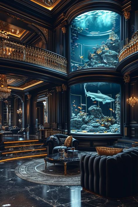 Luxurious Home Interiors with an Amazing Aquarium Luxury Homes Wallpaper, Aquarium Architecture, Luxurious Mansions Interior, Venue Aesthetic, Wizard Tower, Castle House Design, Mansion Living, Amazing Aquariums, Luxury Mansions Interior