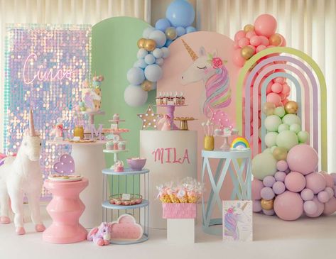 Mila's Unicorn Birthday Party Unicorn Birthday Party Ideas, Rainbow Unicorn Birthday Party, Unicorn Birthday Decorations, Rainbow Themed Birthday Party, Candy Theme Birthday Party, Unicorn Logo, Unicorn Birthday Party Decorations, Rainbow Unicorn Party