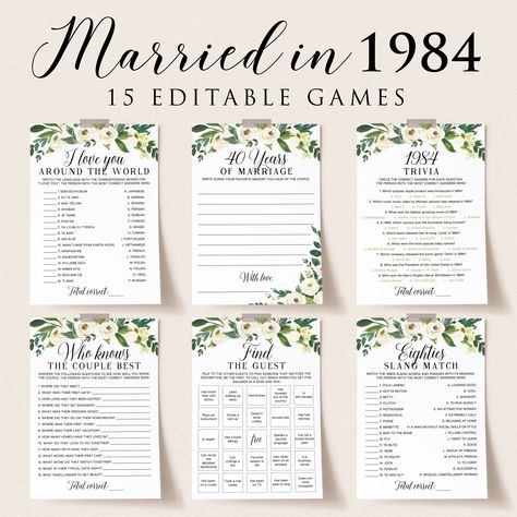 40th Wedding Anniversary Party Games Printable Greenery Anniversary Couple Games for Anniversary Party Married in 1984 Trivia Adult Game WR1 Games For Anniversary Party, Wedding Anniversary Party Games, 51st Anniversary, Find The Guest Bingo, Anniversary Party Games, 30th Anniversary Parties, Party Games Printable, Anniversary Games, 55th Wedding Anniversary