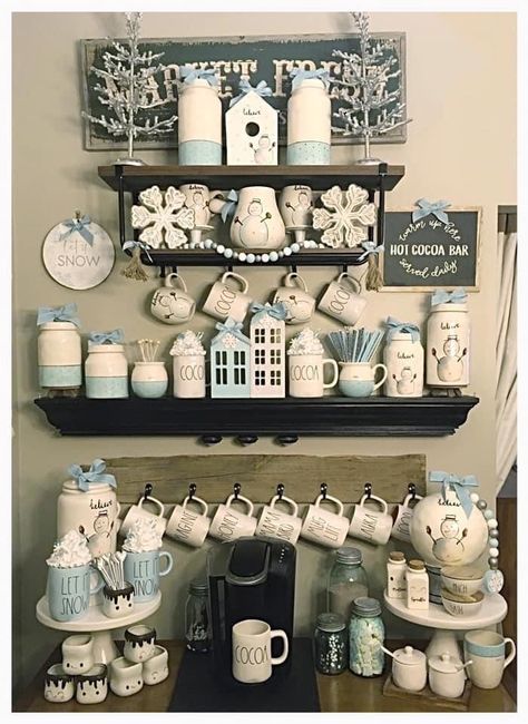 Rae Dunn Hutch Display, Snowmen Decor, Tea Room Decor, Winter Display, Farmhouse Coffee Bar, Hutch Decor, White Hot Chocolate, Winter Tea, Dining Room Hutch