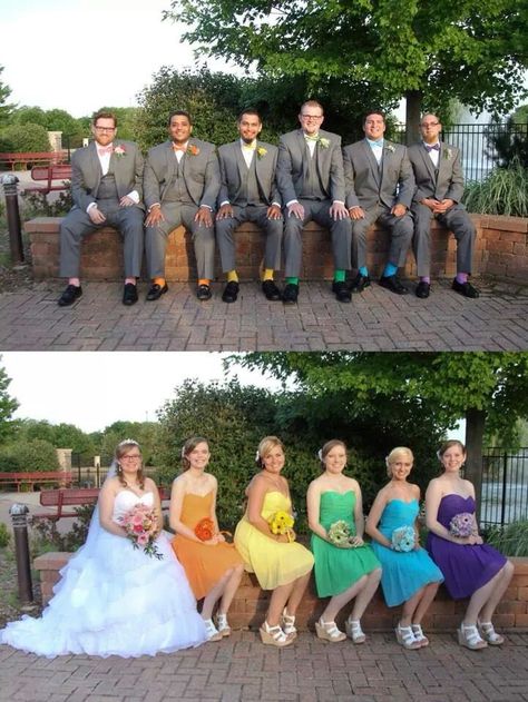 Rainbow wedding Rainbow Color Bridesmaid Dresses, Rainbow Wedding Groomsmen, Multi Color Groomsmen Attire, Rainbow Groomsmen, Multicolor Wedding Theme, Groomsmen Colorful, Rainbow Theme Wedding, Rainbow Wedding Decor, Rainbow Wedding Party