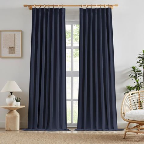 Amazon.com: Navy Blue Pinch Pleat Blackout Curtains 120 Inch Long 2 Panels,Linen Blend Traverse Curtains with Hooks Back Tab Long Heavy Duty 100% Light Blocking Curtains for Living Room Bedroom W40xL120x2 : Home & Kitchen Navy Bedroom Curtain Ideas, Navy Blue Curtains Living Room Ideas, Curtains With Hooks, Navy Curtains, Classic Curtains, Light Blocking Curtains, Pleat Curtains, Pinch Pleat Curtains, Curtains For Living Room