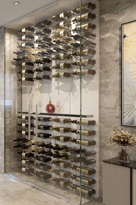 wine cellar in kitchen, wine wall in kitchen, design by Genuwine Cellars Glass Enclosed Wine Wall, Glass Wine Wall, Wine Holder Wall, Wine Walls, Napa House, Wine Grotto, Wine Wall Display, Custom Wine Cabinet, Reno Tips