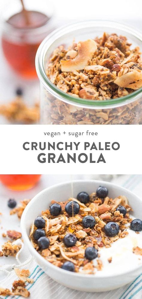 This crunchy paleo granola recipe is my favorite breakfast! Not only is it super easy to make, but it's perfectly crispy and versatile. With nuts, seeds, and coconut, this vegan paleo granola recipe is a pantry staple for our family. #paleo #breakfast #granola #cleaneating Nut Free Granola Recipe, Paleo Granola Recipe, Paleo Cereal, Nut Free Granola, Paleo Menu, Breakfast Granola, Paleo Granola, Paleo Cookbook, Paleo Recipes Breakfast