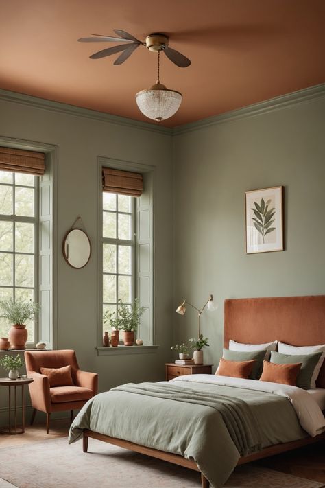 Green And Tan Walls, Attic Bedroom Color Ideas, Bedroom Clay Color, Wall Color Ideas Sherwin Williams, Terracotta Tiles Bedroom, Clay Colour Bedroom, Painting Ideas For Rooms Bedrooms, Bed Colors, Light Colour Bedroom