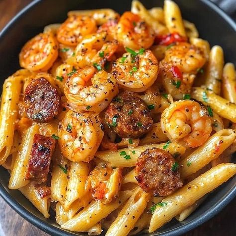 Cajun Shrimp And Sausage Pasta, Cajun Shrimp And Sausage, Shrimp And Sausage Pasta, Mini Crockpot Recipes, Cajun Sausage Pasta, Creamy Cajun Pasta, Pasta With Shrimp, Shrimp And Sausage, Sausage Ingredients