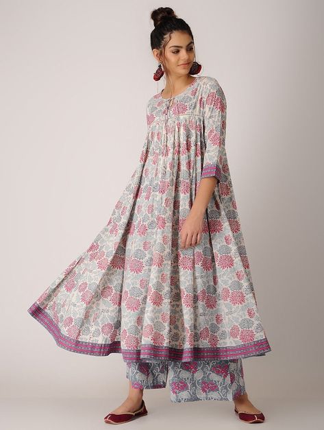 Buy Pink White Block printed Cotton Anarkali Kurta Women Kurtas Online at Jaypore.com Yoke Pattern, Cotton Anarkali Kurta, Khatli Work, Indian Kurtis, Kurta Women, Sewing Hats, Cotton Anarkali, Designer Kurti Patterns, Cotton Kurti Designs