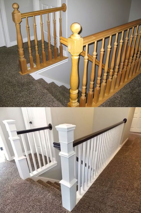 Before And After Stair Banister Remodel DIY (2) Stair Railing Ideas Before And After, New Stair Bannister, Revamp Stair Railing, How To Redo Stair Banister, Stairway Post Ideas, Bannister Renovation, Redo Stair Railing, Newel Post Makeover, Stair Banister Makeover