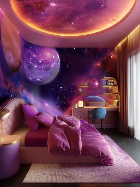 24 Whimsical Ways to Create a Space-Themed Bedroom Haven for Girls - H.M.G Galaxy Bedroom, Themed Bedrooms, Dreamy Space, Space Themed Bedroom, Superhero Room, Themed Bedroom, Girl Bedroom Designs, Inspiring Spaces, Girl House