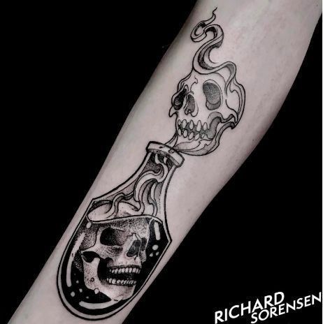 Grunge Tattoo, Bottle Tattoo, Dotwork Tattoo, Best Tattoo Ideas, Spooky Tattoos, B Tattoo, Horror Tattoo, Tattoo Project, Dot Work Tattoo