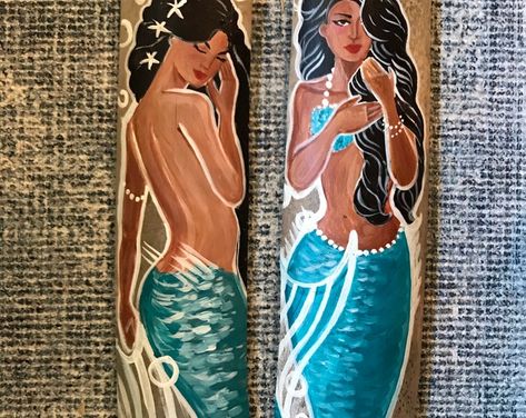 Two Latina Mermaids Hand Painted on Bamboo Driftwood Mermaids - Etsy Tropical Airbnb, Mermaids On Wood, Mermaid Bathroom Decor, Mermaid Bathroom, Fantasy Mermaids, Mermaid Painting, Mermaid Lover, Blue Mermaid, Artist At Work