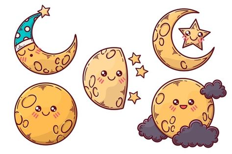 Kawaii Moon Drawing, Cute Star Illustration, Cartoon Moon Drawing, Moon Cute Drawing, Cute Moon Illustration, Cute Moon Drawing, Moon Character Design, Moon Illustration Art, Garfield Tattoo