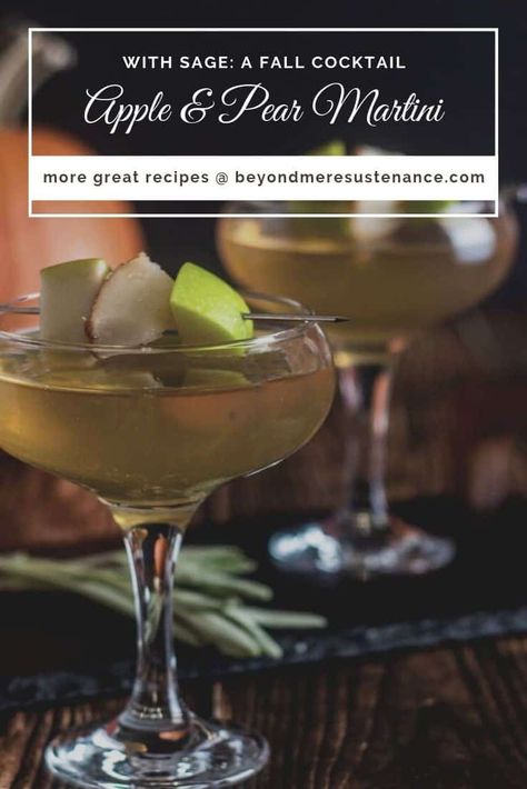 Flavors of autumn fruit - apple and pear - infuse the gin in this off-dry Apple Pear and Sage Martini. Absinthe, dry vermouth, aromatic bitters, and muddled fresh sage complete this delightfully different cocktail... perfect with your holiday meal! #fallcocktails #gincocktails #martinis #fallmartinis #appleinfusedgin #Thanksgivingcocktails #cocktailrecipes Autumn Cocktail, Pear Martini, Autumn Fruit, Apple Martini, Thanksgiving Cocktails, Fresh Sage, Aromatic Bitters, Dry Vermouth, Beverage Recipes