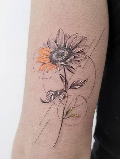 Sunflower Sunflower Tattoos Sleeve, Collarbone Sunflower Tattoo, Creative Sunflower Tattoo, Single Needle Sunflower Tattoo, Sunflower Design Tattoo, Geometric Sunflower Tattoo Design, Cool Sunflower Tattoos, Sunflower Back Tattoo Spine, Sunflower Tattoo With Stem