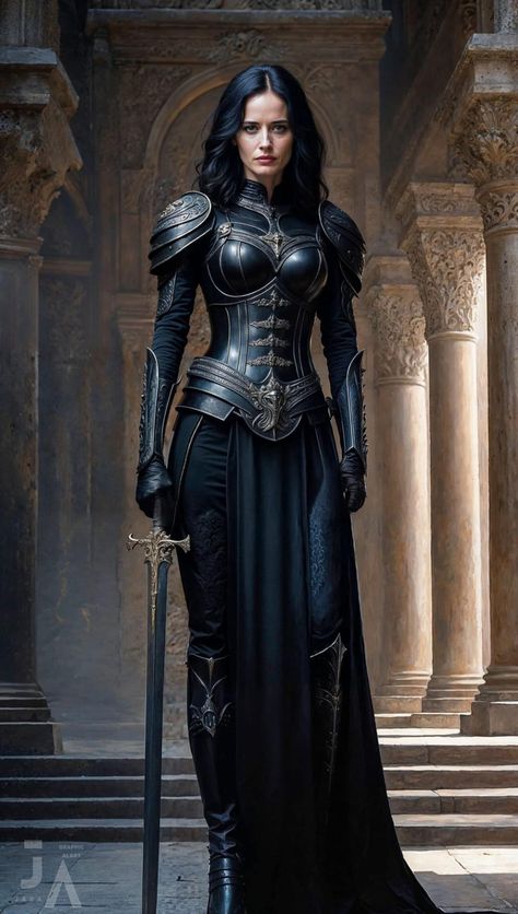 Winter Armor Female, Medieval Female Assassin, Fantasy Dress With Armor, Black Armor Dress, Dresses With Armor, Warrior Women Outfit, Dark Fantasy Costume, Women In Armor Art, Armor Outfits Female