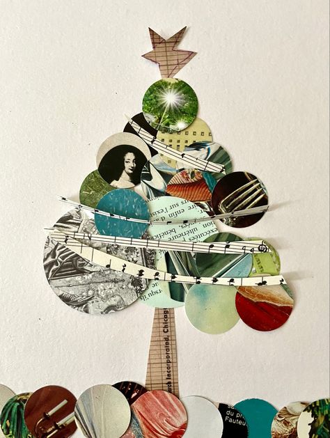 Christmas card design using collage and vintage papers. Collaged Christmas Cards, Collage Christmas Cards Handmade, Collage Christmas Ornaments, Christmas Card Collage Ideas, Christmas Card With Ornament, Collage Art Christmas, What To Do With Scrap Paper, Scrapbook Christmas Cards Ideas, Paper Collage Christmas Card