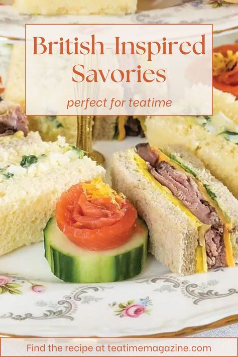 For the savories course of your next afternoon tea, consider serving this enticing trio: Egg and Cress Tea Sandwiches, Garden Vegetable, Roast Beef & Cheddar Tea Sandwiches, and Salmon Roses on Cucumber Rounds. We recommend pairing these lovely recipes with a cup of Grace Tea Company’s "Gunpowder Pearl Pinhead Green." Find the recipes at https://teatimemagazine.com/tea-among-roses/3/.   Royal Albert "Tranquillity" china courtesy of Replacements Ltd. English Tea Sandwiches Recipes, Tea Party Soup, High Tea Sandwiches Fillings, Tea Sandwiches Recipes Easy, Afternoon Tea Sandwiches Fillings, Roast Beef Tea Sandwiches, Afternoon Tea Menu Ideas, Afternoon Tea Party Food, Vegetable Roast