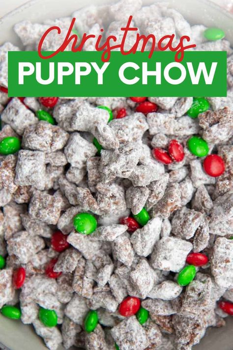 Get into the holiday spirit with this sweet favorite! Christmas puppy chow makes a great snack you can gift or enjoy while watching your favorite holiday movie. Christmas Muddy Buddies, Holiday Puppy Chow, Christmas Puppy Chow, Christmas Snack Mix, Puppy Chow Christmas, Reindeer Chow, Puppy Chow Chex Mix Recipe, Chex Mix Christmas, Chex Mix Puppy Chow