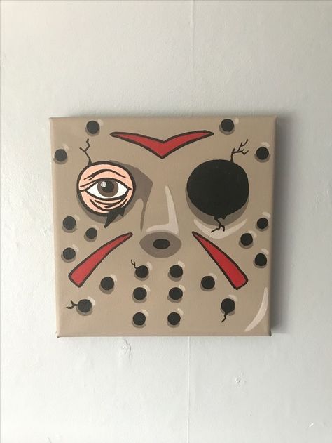 Easy Horror Painting Ideas On Canvas, Jason Painting Halloween, Scary Movie Canvas Painting, Jason Voorhees Painting Canvas, Micheal Myers Painting Canvas, Scary Paintings Easy Canvas, Halloween Movie Paintings On Canvas, Horror Character Painting, Jason Painting Canvas