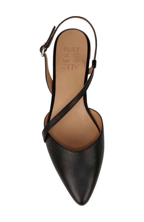 An asymmetric vamp strap creates modern dimension on a slingback flat fashioned with a pointy toe for elegant sophistication. Adjustable slingback strap with buckle closure Cushioned footbed with Contour+ technology Leather upper/synthetic lining and sole Imported Slingback Flats Outfit, Black Short Heels, Business Casual Shoes Women, Sling Back Flats, Black Work Shoes, Black Pointed Heels, Black Pointed Toe Flats, Capsule Wardrobe Casual, Pointy Flats