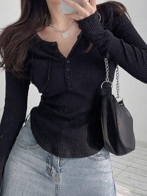 Style: Casual, Street Color: Black,White Fabric Content: Cotton, Spandex Fit Type: Slim fit Neckline: Crew Neck Sleeve Length: Long Sleeve 얼짱 소녀, Henley Tee, Black And White Fabric, Sweaters Online, Knit Crop Top, Exclusive Fashion, Virtual Closet, Grunge Fashion, White Fabric