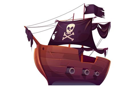 Vector wooden pirate boat with black sails. Corsair ship with black flag, cannons, skull and crossbones on canvas. Cartoon old wooden ship, vintage galleon isolated on white background Cartoon Pirate Ship, Ship Silhouette, Boat Cartoon, Canvas Cartoon, Photo Booth Company, Pirate Boats, Boat Illustration, Pirate Decor, Bateau Pirate