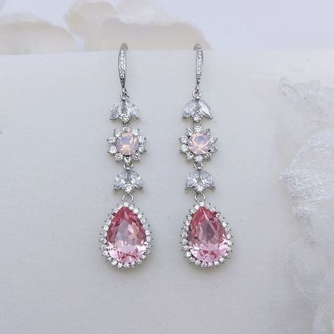 Light Pink Earrings Long, Pink Dangling Earrings, Pink Earrings Aesthetic, Light Pink Earrings, Water Opal, Silver Bridal Earrings, Crystals Swarovski, Pink Diamond Ring, Pretty Jewelry Necklaces