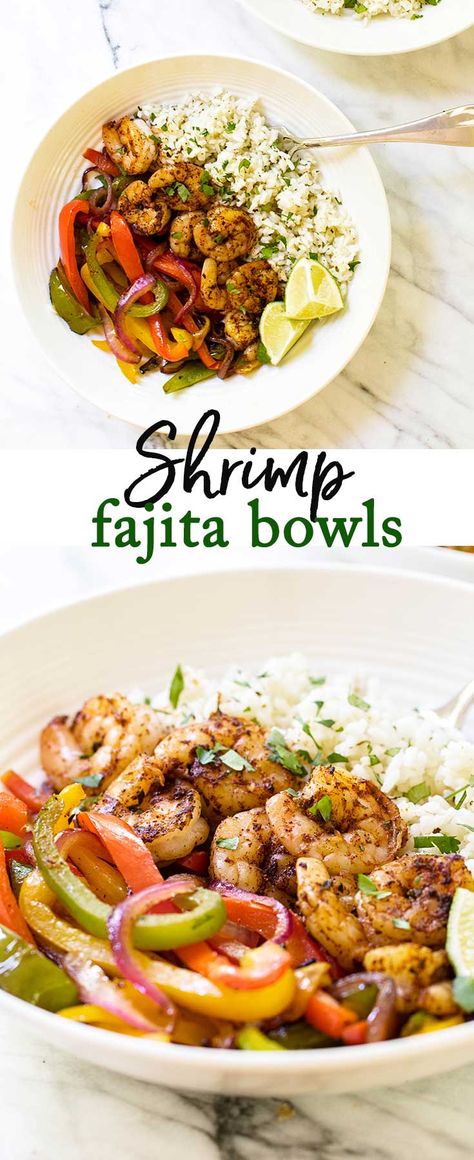 Pescatarian Recipes Healthy, Pescatarian Diet, Pescetarian Recipes, Shrimp Fajitas, Fajita Bowls, Lime Rice, Cilantro Lime Rice, Pescatarian Recipes, Cilantro Lime