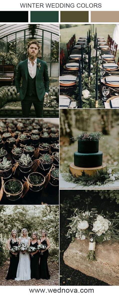 Winter Wedding Color Palette, Dark Green Wedding, Dark Wedding Theme, Forest Theme Wedding, White Winter Wedding, Green Themed Wedding, Emerald Green Weddings, Green Wedding Colors, Woodsy Wedding