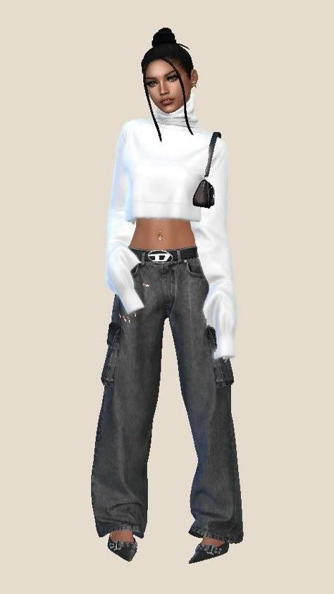 maya’s fit <33 outfit details: sweater | jeans | heels | purse credit to all the amazing cc creators 🤍 @backtrack-cc @gorillax3-cc @cocoelleansims @fukkiemon Fashion Magazine Aesthetic, Magazine Aesthetic, Sims 4 Outfits, Jeans Heels, Jeans With Heels, Sims4 Clothes, Sweater Jeans, Carb Free, Tumblr Outfits