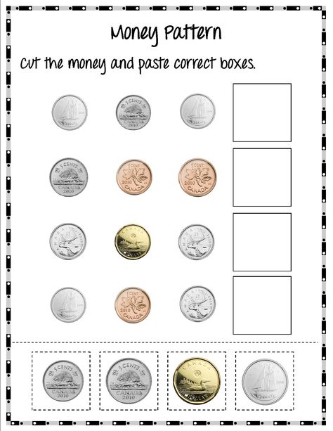 Canadian Money Pattering Cut & Paste for Kindergarten. Learning about Canadian Coins File Under Math Canadian Coins Grade 1, Canadian Coins Kindergarten, Canadian Money Worksheets, Kindergarten Money Activities, Coins Kindergarten, Kindergarten Money, Kindergarten Money Worksheets, Money Kindergarten, Canadian Currency