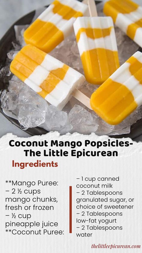 These coconut mango popsicles will transport you to a tropical destination. Sweet, satisfying, and easy to make, they're a great summer Mango Popsicles, Easy Ice Cream Recipe, Dairy Free Ice Cream, Mango Chunks, Easy Ice Cream, Mango Puree, Low Fat Yogurt, Brain Freeze, Cute Desserts