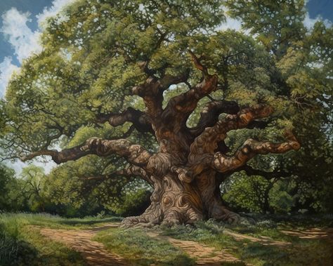 Nature, Giant Tree Drawing, Giant Oak Tree, Oak Tree Aesthetic, Drawing Depth, Oak Tree Illustration, Picture Of Tree, Tree Reference, June Moodboard