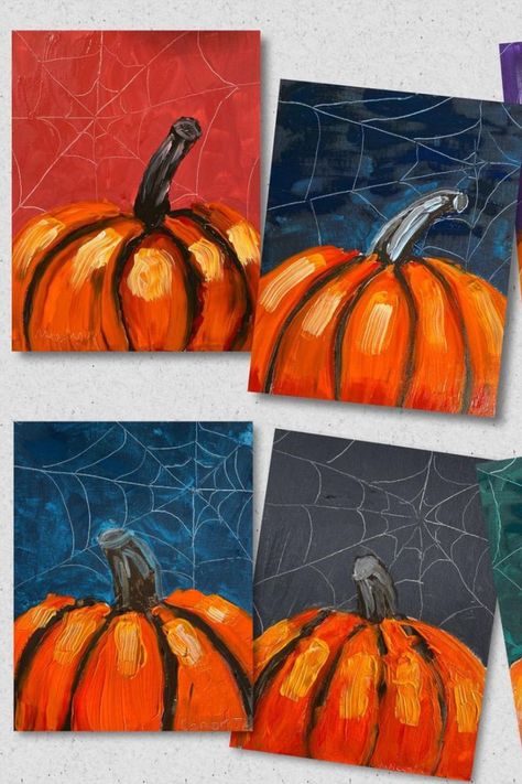 These Fall acrylic paintings were done by kids ages 7-10! They did a great job on these pumpkin paintings with spiderwebs. Follow for more Fall Art Ideas! Fall Art Ideas, Halloween Art Lessons, Pumpkin Paintings, Halloween Art Projects, October Art, Middle School Art Projects, 2nd Grade Art, Fall Arts And Crafts, Fall Art Projects