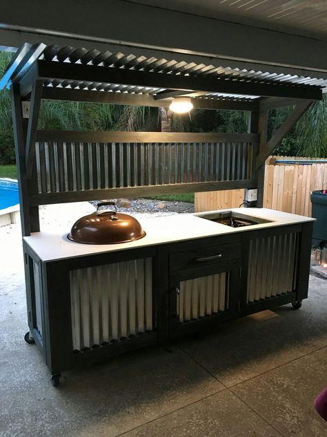 Charcoal Storage Ideas Bbq, Black Stone Grilling Station, Kettle Grill Table Diy, Kamado Grill Table, Double Weber Kettle Grill Table, Diy Weber Grill Cart Bbq Station, Modern Outdoor Fireplace, Patio Grill, Outdoor Grill Station