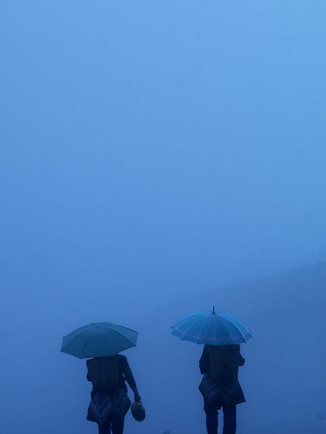 Two women with umbrellas in the fog and rain in Yuanyang, Yunnan, China by Eric Lafforgue Rhapsody In Blue, Eric Lafforgue, I Love Rain, Everything Is Blue, Blue Umbrella, Color Celeste, Singing In The Rain, Blue Rain, Feeling Blue