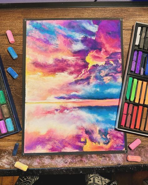 In love with this piece 🩵 and it’s for sale if anyone is interested! DM me with inquiries 😊 ——— Vibrant sunset landscape, sunset reflection, soft pastel landscape, soft pastel painting #pastelart #pastelpainting #softpastels #lanscape #landscapepainting Soft Pastel Painting Ideas, Pastel Art Landscape, Oil Pastel Art Landscape, Soft Pastel Art Landscape, Soft Pastel Nature Drawing, Nature Landscape Oil Pastel, Landscape Oil Pastel, Landscape Soft Pastel, Soft Pastel Landscape