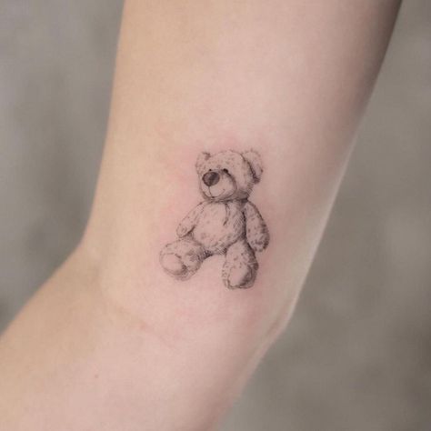 Teddy Bear Tattoo With Name, Childhood Teddy Bear Tattoo, Fine Line Teddy Bear Tattoo, Teddy Bear Tattoo Ideas For Women, Tiny Teddy Bear Tattoo, Cute Teddy Bear Tattoo, Cute Bear Tattoo, Stuffed Animal Tattoo, Teddy Tattoo