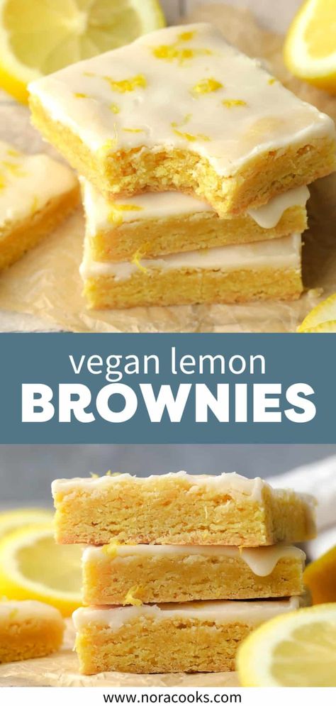 Lemon Brownies Vegan Dessert Bars Recipes, Vegan Lemon Desserts Easy, Easy Snacks Vegan, Healthy Vegan Desserts Easy, Love And Lemons Recipes, Sweet Vegan Snacks, Vegan Gf Dessert, Lemon Recipes Vegan, Lemon Recipes Dessert