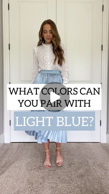 Light Blue Outfit Color Combos, Periwinkle Color Combinations Outfit, Baby Blue Matching Colors, Light Blue Satin Skirt Outfit, What Colors Go With Light Blue, Cream And Light Blue Outfit, Powder Blue Outfit Ideas, Powder Blue Fashion, How To Style Light Blue Pants