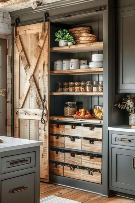 French Country Pantry Ideas, Kitchen With Pantry Ideas, Cabin Pantry Ideas, Old Farmhouse Pantry, Pantry Wall In Kitchen, Cool Pantry Ideas, Barndo Kitchen Ideas Farmhouse, Farmhouse Kitchen Pantry Ideas, Kitchen Building Ideas