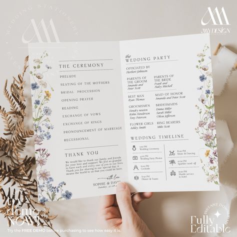 Wildflower Wedding Program Template, Modern Order of Service, Catholic Ceremony, Ceremony Program Editable Template // MATCHING ITEMS https://www.etsy.com/shop/AmyDesignInspiration?ref=shop-header-name&listing_id=1698494415&from_page=listing&search_query=d002 // DEMO THIS ITEM NOW Copy and paste the URL below to demo:  https://www.corjl.com/d/BAFL1 // WHAT IS INCLUDED - 5.5x8.5" (Folded Program Card) (8.5x11" Flat)  - 4x9" (Card Double-Sided)  - 56 Wedding Timeline Icons   - DIGITAL DOWNLOAD: Pl Wedding Ceremony Booklet Ideas, Wedding Ceremony Bulletin, Wedding Timeline Program, Floral Wedding Program, Wedding Order Of Service Ideas, Wedding Ceremony Cards, Ceremony Cards Program, Wedding Service Program, Wedding Programs Ideas