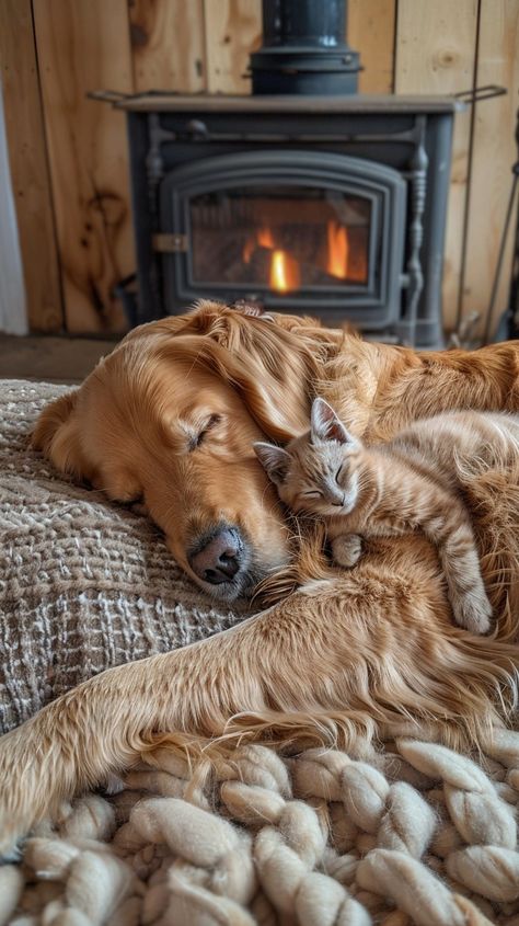 Cozy Animal Friends: A golden retriever and a kitten cuddle peacefully on a cozy blanket by a warm fireplace. #golden retriever #kitten #cuddling #fireplace #warmth #aiart #aiphoto #stockcake ⬇️ Download and 📝 Prompt 👉 https://stockcake.com/i/cozy-animal-friends_585810_1034230 Kitten Cuddling, Cozy Animals, Kitten Cuddle, Cozy Mood, Dog Cuddles, Warm Fireplace, Small Kittens, Sleeping Kitten, Tabby Kitten